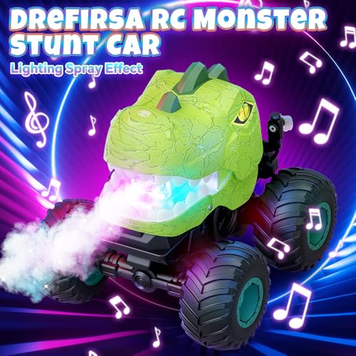 Drefirsa Remote Control Car for Boys 4-7 8-12, Dinosaur Monster Truck Toys with 50min+ Runtime, Spray, LED Light, 360° Rotating & 90° Driving, RC Stunt Car for Kids Birthday — view 4