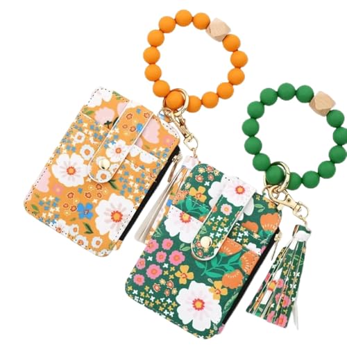 Boho Beaded Wallet Keychain,Women's Boho Beaded Wallet with Flower Pattern,Fashionable Tassel Wristlet Keychain Card Holder (B)