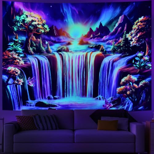 Ameyahud Tapeçaria Cachoeira Luz Negra Fantasia Paisagem Tapeçaria UV Reativa Floresta Tapeçaria Col