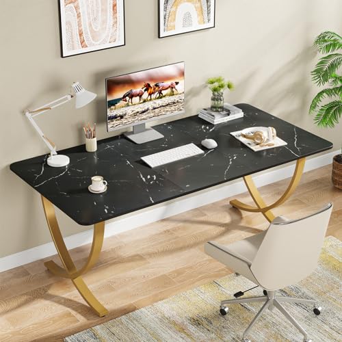 Image of Tribesigns Executive Desk, 63 inch W x 31.5 inch D Large Office Desk, Modern Computer Desk Conference Table Meeting Room Table, Business Furniture for Home Office, Black and Gold