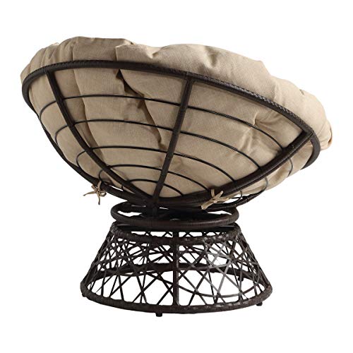 Image of OSP Home Furnishings Wicker Papasan Chair with 360-Degree Swivel, Brown Frame with Cream Cushion