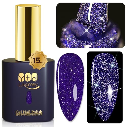YTD Likomey Reflective Glitter Gel Nail Polish,15ml Lavender Purple Flash Diamond Shimmer Gel,Sparkly Shiny Salon Home Manicure Fall Winter UV Varnish,SZ015