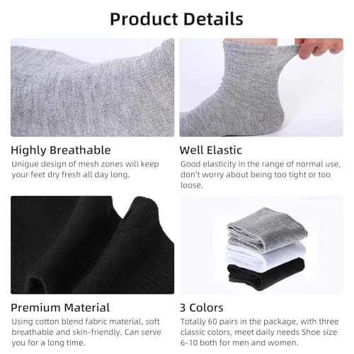 60 Pairs Men's Quarter Ankle Crew Socks - Wicking, Casual Sports Athletic Socks for Adults (Black, White, Grey)3