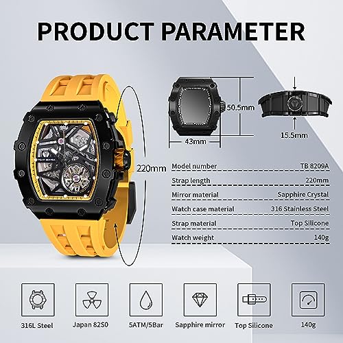 Image of TSAR BOMBA Men's Automatic Watch Tonneau Luxury Skeleton Watches for Men Mechanical 50M Waterproof Analogue Watches Mens Unique Cool Square Big Face Dial Wristwatch with Silicone Strap Band