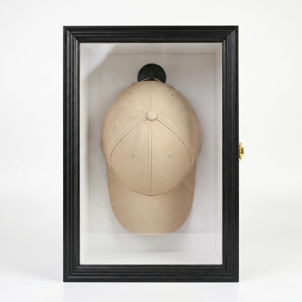 Hat Display Case with Hinged Door - Baseball Cap Shadow Box Ready to Hang, No Assembly Required, Includes Mounting Hardware & Hooks, Wall Mount Memorabilia Showcase for Collectors