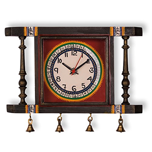 Image of ExclusiveLane Warli Hand-Painted Living Room Bedroom Stylish Decorative Teak Wood Wall Clock (30.2 cm x 6.1 cm x 25.1 cm, Natural Dark Brown and Red), Abstract