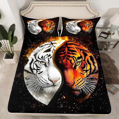 Tiger Tai Chi Fitted Sheet,Wild Jungle Cool Animals Decor Bedding Set for Kids Teens Adults,Chinese Style Pattern Competition Theme Bed Sheet with 2 Pillowcases(No Top Sheet),Queen Size 3 Pcs