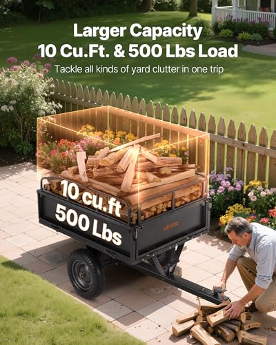 Image of VEVOR 10 Cu.Ft. & 500lbs ATV Trailer Dump Cart Tow Behind, Heavy Duty Utility UTV Trailer, Tow Behind Steel Yard Dump Wagon Cart with 14 inch Tires for Lawn Mower Tractor