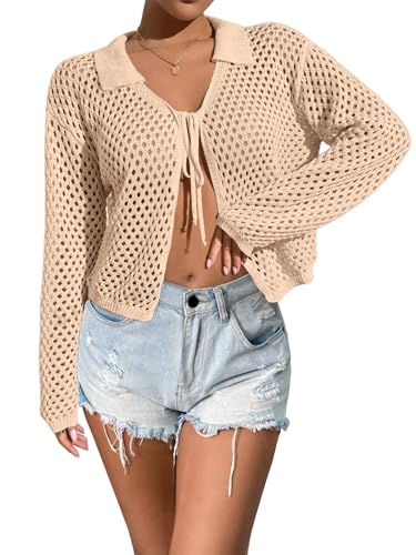 Image of Womens Tie Front Crochet Cardigan Sweaters Lightweight Hollow Out Beach Cover Up Long Sleeve Collared Summer Shrug