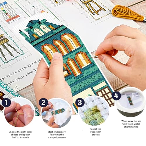 Image of FREEBLOSS 6 Set Cross Stitch Bookmark Kit Stamped Cross Stitch Kit Street View Pattern Embroidery Set with Instruction for Adults 8''*2.4''