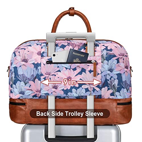 Image of Weekender Bag for Women, Large Overnight Bag Canvas Travel Duffel Bag Carry On Tote with Shoe Compartment 21 inch 3Pcs Set, A10-brown+blue flower, Large