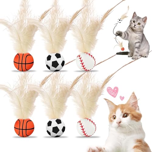 Ferizzia 6 Stück Hüpfender Katzenball mit Feder, Geräuschlos Katzenspielzeug Ball, Lustiges Katzenspielzeug, Federspielzeug für Katzen, Gummi...