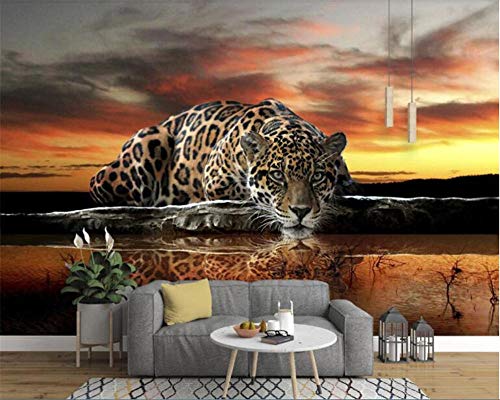 Papel de Parede Tapete Hudas Schönheit Moderne Persönlichkeit HD Leopard Trinkwasser Reflexion Wandbild TV Wand - 200x140cm/79"x 55