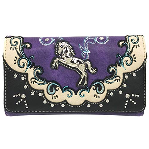 Justin West Brown Horse Embroidery Studded Concealed Carry Handbag Purse Matching Wallet (Purple Wallet)