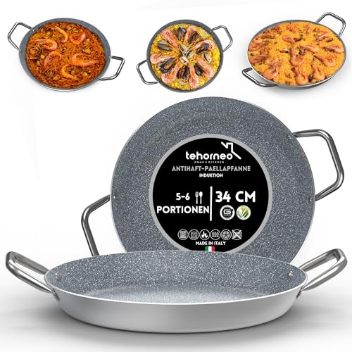 TEHORNEO Paella Pfanne Induktion, Paella Pfanne 34 cm Antihaftbeschichtete aus Aluminium 5-6 Portionen, Paellapfanne, Paella Grill, Paellera Geeignet für Induktion, Feuer und Vitrokeramik
