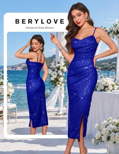 Image of BeryLove Summer Sequin Cocktail Prom Wedding Guest Dresses Sparkly Party Evening Formal Spaghetti Strap Dress