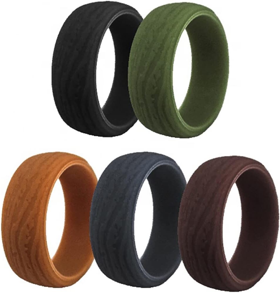 Mens 8.7mm Wide Bark Stria Silicone Wedding Band 5pcs Pack Black Green Gray Rubber Rings,US Size 7-14