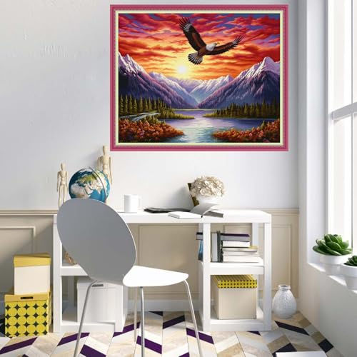 Image of Disnesart Cross Stitch Stamped Full Embroidery Kits DIY 11CT Cotton Thread Printed DIY Needlepoint Kits Craft Needlework Set Cross-Stitch Stamped Sets-Mountain Eagle 16x20 inch