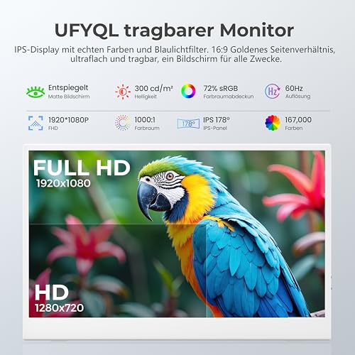 UFYQL Portable Monitor 15,6 Zoll (Tragbarer Monitor) mit FHD IPS Display, Plug and Play mit Schutzhülle, USB-C & HDMI Anschlüsse, VESA-kompatibel, für Laptop, PC, Mac, PS5, Xbox, Switch (Weiß) 2