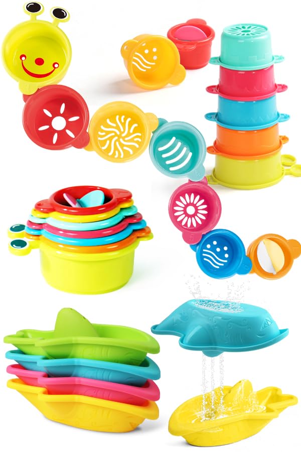 Zeewoo Baby Bath Toys for Kids Ages 1-3 Toddler Bath Toys Mold Free Bathtub Toys for 12+ Months Pool Water Table Beach Sand Toys Stacking Cups Floating Boats for 1+ Years Old Girls Boys Gifts 11 PCS
