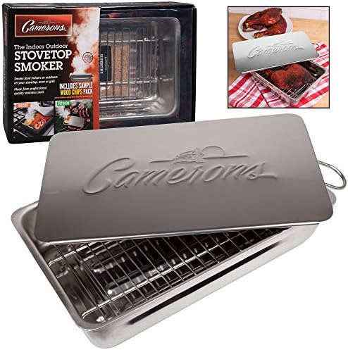 Indoor - Outdoor Stovetop Smoker w Wood Chips and Recipes - 11" x 7" x 3.5" Stainless Steel Smoker - Works On Any Heat Source in your Kitchen or on the Grill- Great for Holiday Cooking or Gift