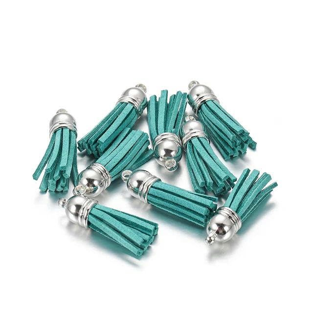 10/20/60pcs 38mm Vintage Leather Tassels Fringe Purl Macrame for DIY Jewelry Making Keychain Cellphone Strap Pendant Accessories-Peacock blue-10pcs Rose Gold Cap