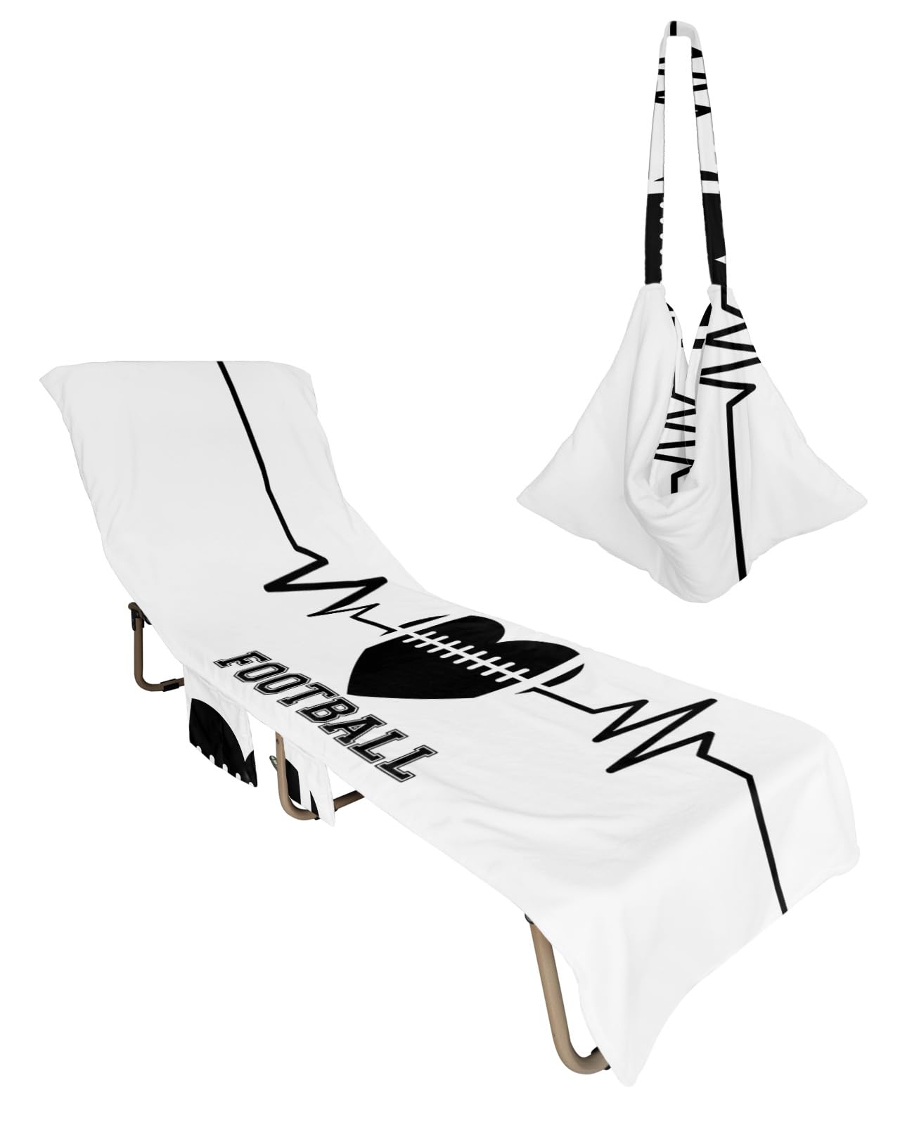 Valentines Football Beach Lounge Chair Towel Cover, Soft Chaise Lounge Towel with Side Pockets Patio Pool Chairs Cover for Beach/Pool Sunbathing 29x85 Black Love Heart