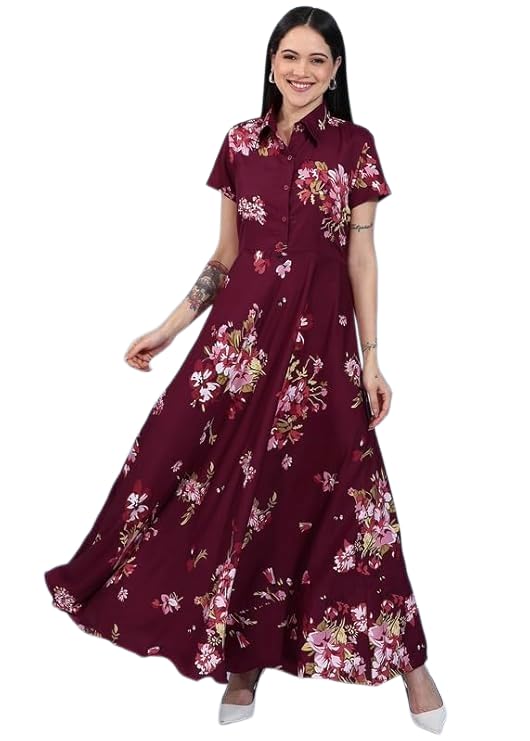 rudrakriti Women’s Maroon Floral Printed Maxi Dress with Shirt Collar & Short Sleeves-picture-32
