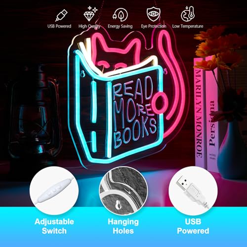 Image of Read More Books Neon Sign Read Books and Be Kind Neon Signs for Wall Decor Cute Animal Reading USB Dimmable LED Lights for Student Suitable for Classroom Bookstore Library Museum Study Room Gift for Teen Boys Girls Christmas