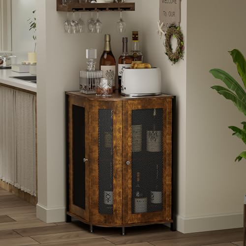 JKsmart Corner Storage Cabinet with Open Shelf 3 Tier Industrial Wine Bar Cabinet with Door Industrial Corner Cabinet Kitchen Living Dining Rustic Brown