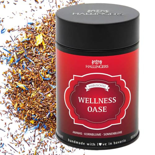 Hallingers Genuss Manufaktur Tee Geschenk - Loser Roibusch-Tee/Rooibos mit Ananas, Kornblume & Sonnenblume, edle Geschenkdose Wellness Oase, Geschenkidee für Frauen & Teeliebhaber