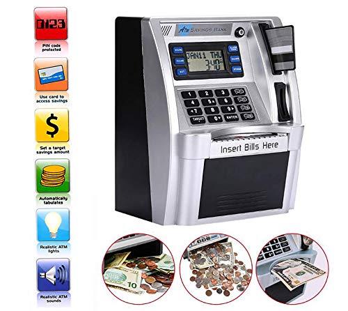 2023 Upgraded ATM Piggy Bank for Real Money ATM Savings Bank Machine for Kids Adults with Card Mini ATM Money Machine Coin Bill Feeder Educational Toy Christmas Birthday Gift(Silver/Black)