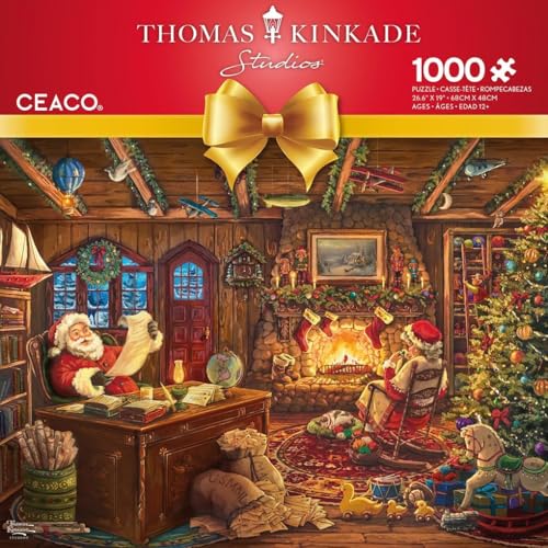 Ceaco - Puzzle Thomas Kinkade Santa Checking His de 300 piezas para adultos, arte de Thomas Kinkade, tamaño terminado 26.6 x 8 x 2.25 pulgadas, hecho en USA, cartón reciclado, incluye póster miniatura 3