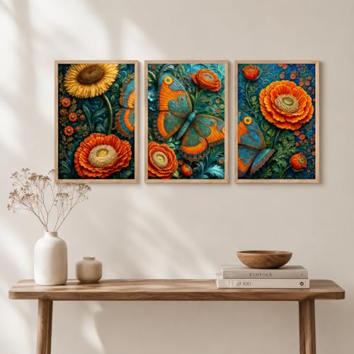 Image of Livin'luxe Set of 3 Butterfly Floral Wall Paintings for Living Room Bedroom Home Decor with Premium Wooden Color Synthetic Frame, Colorful Nature Art (25.5 x 19.5 Inch) NM03-73