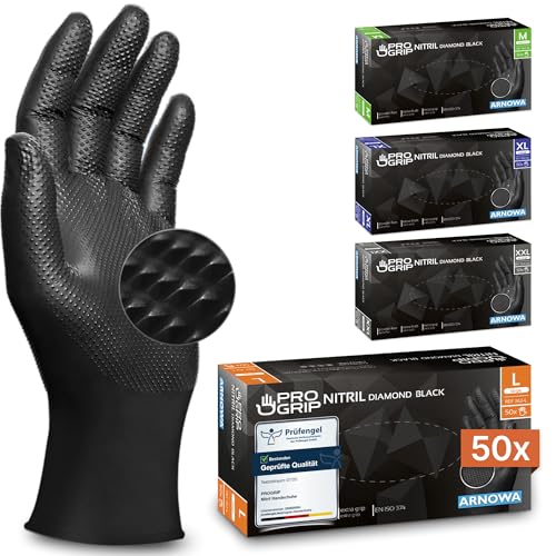 PROGRIP Einweghandschuhe Diamant Grip, Schwarz, Einmalhandschuhe Extra Stark, Nitrilhandschuhe Gr. L, 2x dicker, Handschuhe Einweg, Arbeitshandschuhe für Werkstatt & Montage, 50 Stk/Box