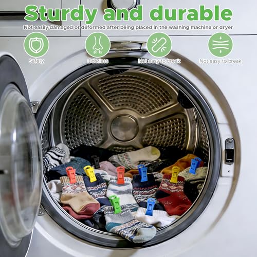 Sockenklammern für Waschmaschine und Trockne, 50 Stück Sockenklammern mit 1 Aufbewahrungstasche, rutschfeste Sockenclips mit Haken, Sockenhalter & Sockensortierer für Organisieren Aufbewahren