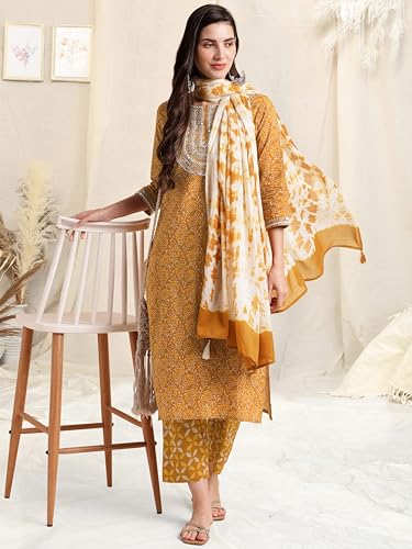 Image of MIRCHI FASHION Pure Cotton Women Straight Print & Thread Embroidery Kurti Set with Dupatta & Pant