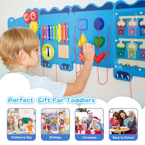 Image of Spacocld Crocodile Sensory Toys Activity Wall Panels - Montessori Busy Board, Toddler Learning Panel, Wall-Mounted Playroom /Daycare Educational Toys, Interactive Wooden Gift for Kids 3-6, Blue
