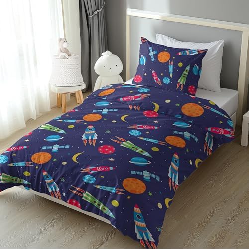 Rakete Bettwäsche Set 2 teilig blau · Kinder-Bettwäsche für Jungen & Mädchen · Weltall, Planeten & Universum - Kissenbezug 80x80 + Bettbezug 135x200 cm - 100% Baumwolle 6 LINKHOFF Bettwäsche Rakete 135x200 für Kinder - Weltall Astronauten Kinderbettwäsche Jungen Weltraum & Planeten Motive - Renforce Baumwolle - Kissen + Bettbezug