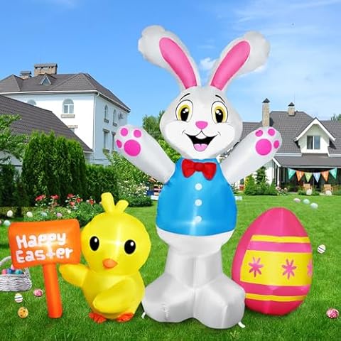 Raymall Easter Inflatables Outdoor Decorations, 5FT Tall Bunny with Chick and Egg Inflatable with LED Lights, Happy Easter Blow Up Yard Decorations Outdoor, Blow Up Bunny Easter Bunny Inflatables Cover