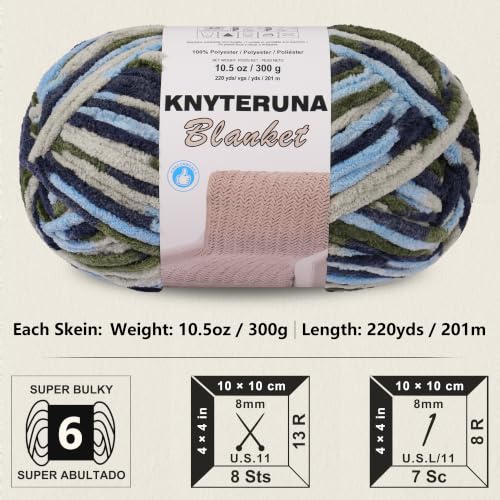 Image of #6 Super Bulky Blanket Yarn for Crocheting - 4 Skeins(Each 10.5oz /300g, 220yds /201m), Chunky Chenille Thick Plush Big Soft Yarn for Crocheting Knitting Blankets, Multi Blue & Forest Green