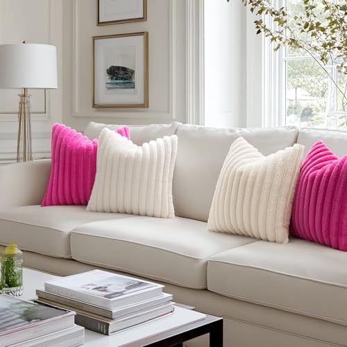 Image of MIULEE Faux Fur Decorative Throw Pillow Covers 18x18 Set of 2 Hot Pink | Retro Vintage Boho Spring Home Decor Soft Plush Couch Pillows Cozy Fluffy Cushion Covers for Sofa Bed Living Room