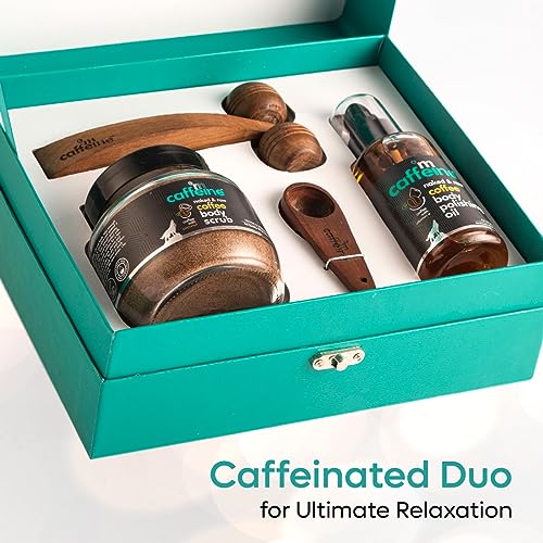 mCaffeine Coffee De-Stress Gift Set With Coffee Body Scrub, Body Oil & Handcrafted Massager for Stress Relief | Unisex Gift Kit for Relaxation - Image 3