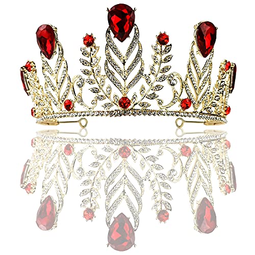 Gold Queen Crown for Women, Cute Tall Adult Crystal Rhinestone Party Crown, REHBORT Pageant Crowns for Wedding Prom Birthday Valentines Graduation Anniversary Photography ( Red ruby )