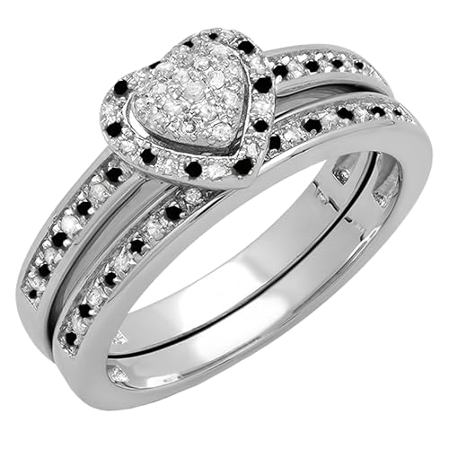 Dazzlingrock Collection 0.26 cttw Round Black Diamond & White Diamond Heart Shaped Wedding Ring Set in 925 Sterling Silver