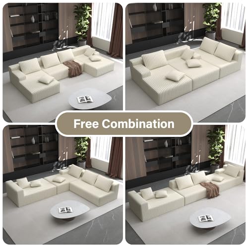 Image of LAUSAINT HOME 132 inch Modular Sectional Sofa Couches, U-Shaped Boneless Cloud Sofa with 4 Deep Seat, 6 Cushiones Oversized Chaise for Living Room, Bedroom, Plush Corduroy Fabric (U Shaped Sofa, Beige)