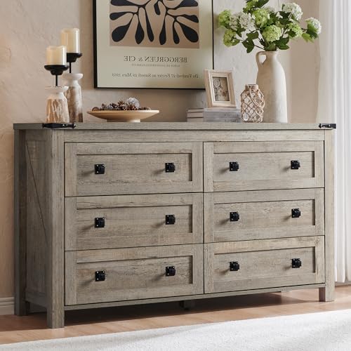 T4TREAM Farmhouse 6 Drawers Dresser for Bedroom, Wood Rustic Wide Chest of Drawers, Storage Dressers Organizer for Bedroom, Living Room, Hallway, Light Rustic Oak