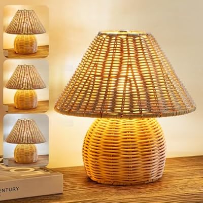 Bamboo Table Lamp Handmade Boho Rattan Bedside Lamp,3 Colors Adjustable Vintage Wicker Wooden Nightstand Lamp with E26 Bulb for Bedroom Living Room Desk Entrance
