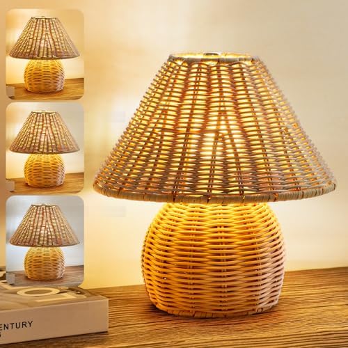 WERFOP Bamboo Table Lamp Handmade Boho Rattan Bedside Lamp,3 Colo...