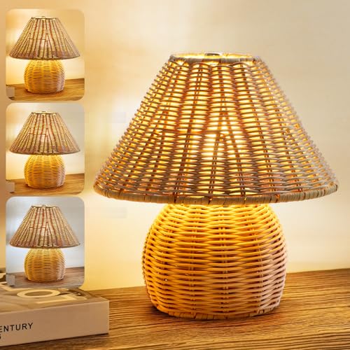 WERFOP Bamboo Table Lamp Handmade Boho Rattan Bedside Lamp 3 Colors Adjustable Vintage Wicker Wooden Nightstand Lamp with E26 Bulb for Bedroom Living Room Desk Entrance